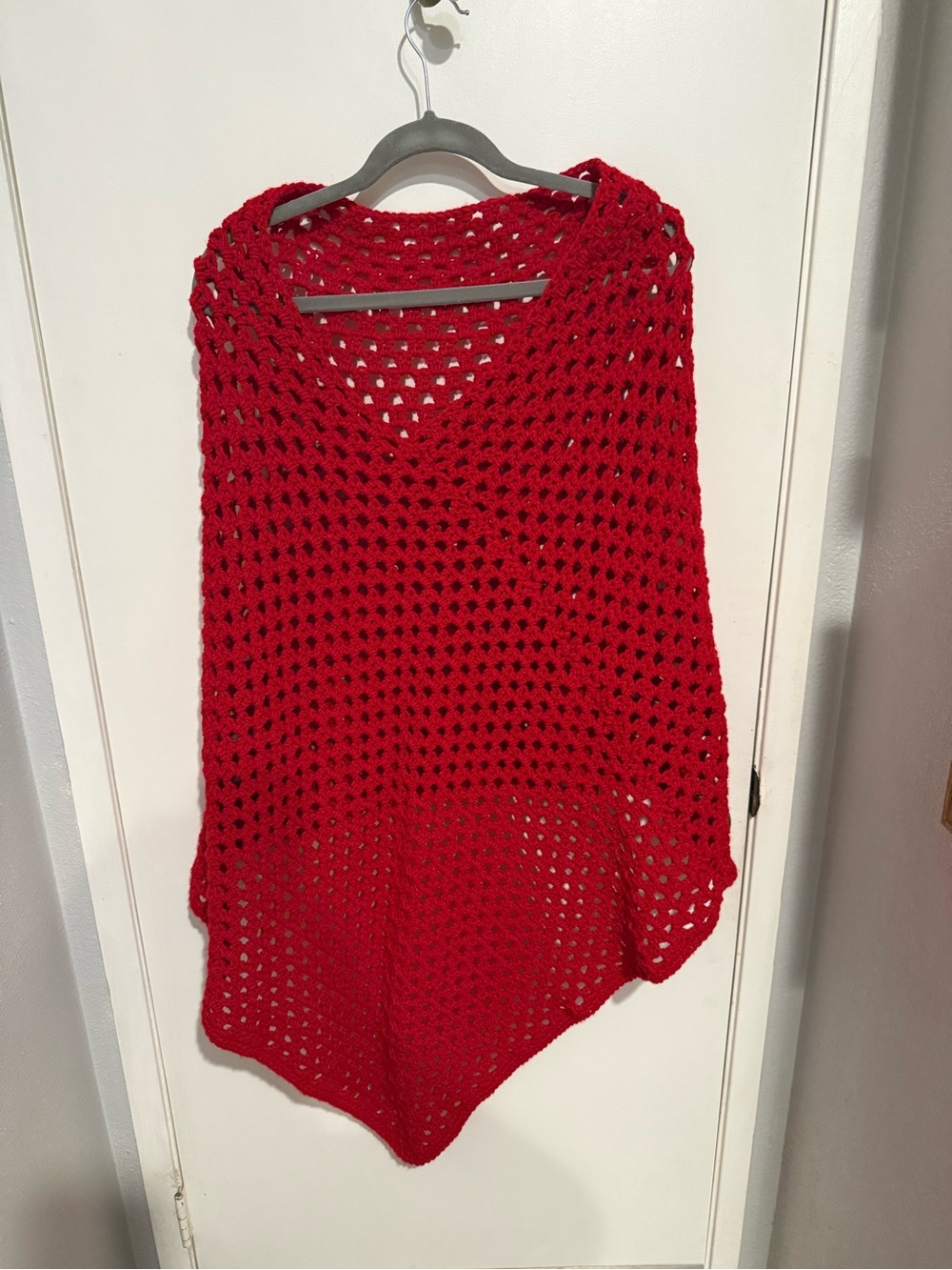 Handmade Red Open-Knit V-Neck Sweater Poncho Crochet